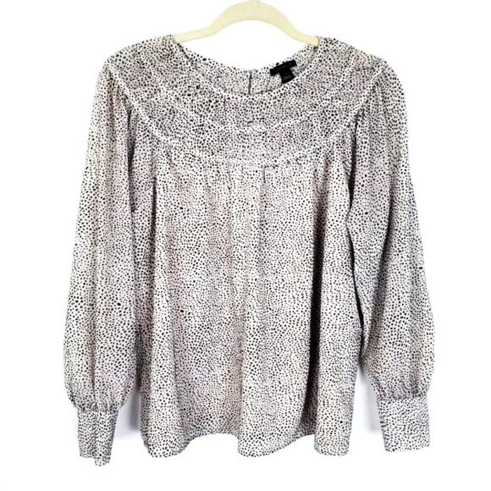 Ann Taylor Women's Cream Black Dotted Long Sleeve Classic Career Blouse sz Large